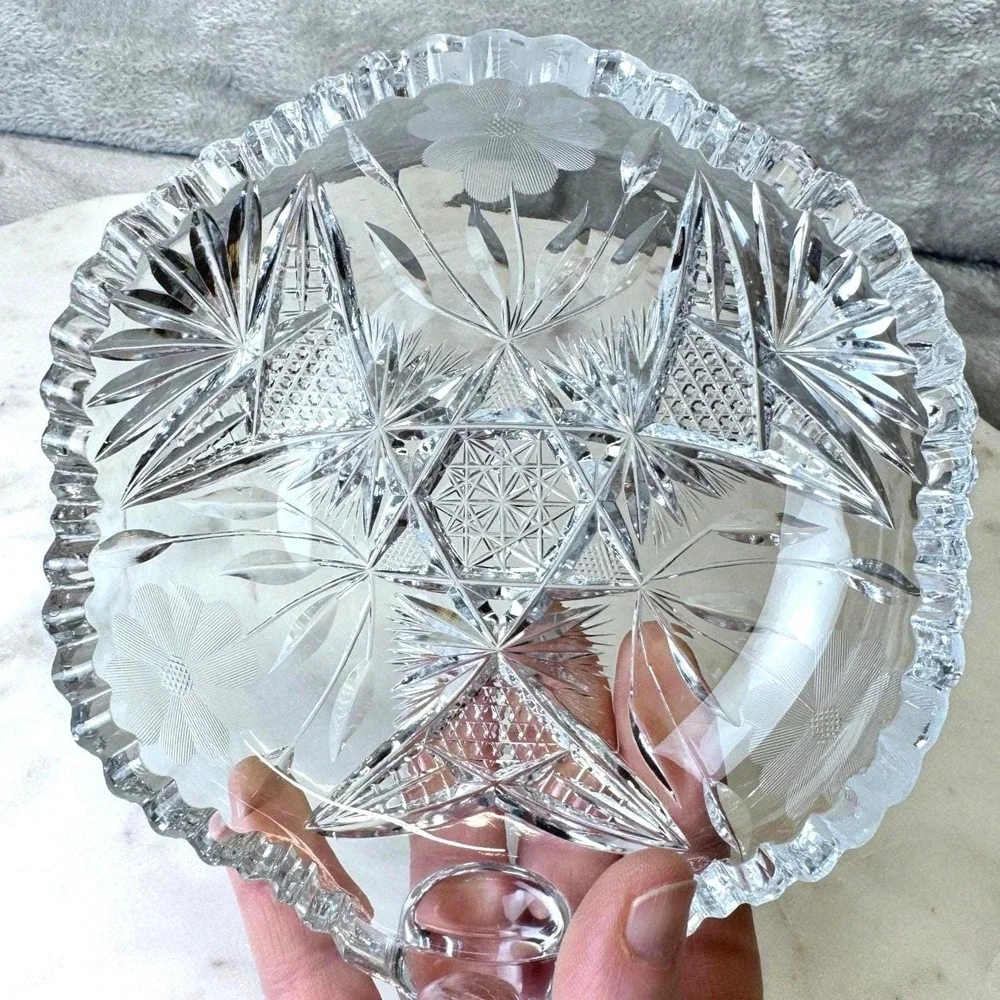 Antique American Brilliant Cut Glass‎ Handled Nappy Floral 7